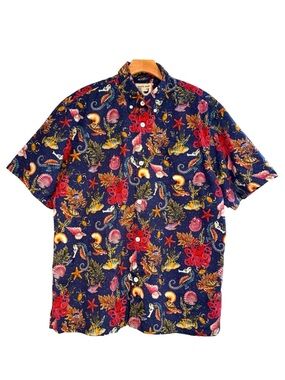 Yiume David’s Wear Marine Life Dark Blue Fish Hawaiian Shirt Men's Sz L